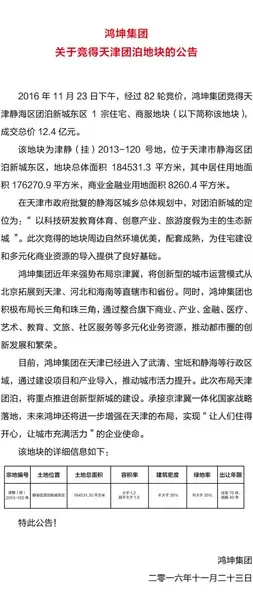 鸿坤公告